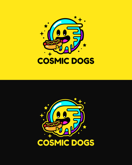 A logo I designed for a hotdog cart featuring a trippy smiley face eating a hotdog with cosmic vibes