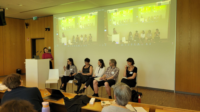 A photo of the chair and panelists from left to right: Barbara Prainsack, Aleksandra Lazić, Rachel Ankeny, Antonia Schrader, Tony Ross-Hellhauer, Louise Bezuidenhout.
