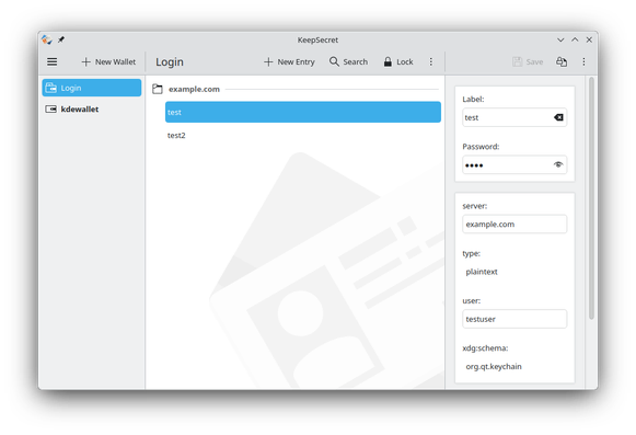 KeepSecret main windows, showing two wallets labelled "Login" and "kdewallet". Login is highlighted and shows two test entries for website logins.