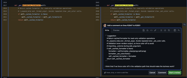 A screenshot of a GitHub review because it won't submit.