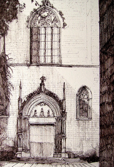 Ink drawing of a partial view of the facade of the Gothic basilica of Saints Justus and Pastor in Barcelona, ​​built in the 16th century and rebuilt between 1880 and 1887.