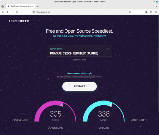 LibreSpeed Testergebnis eines Glasfaseranschlusses in Österreich.