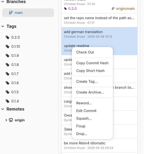 Git GUI showing a commit context menu with options to check out a commit, copy hashes, create tags or archives, and perform history editing actions like reword, squash, fixup, or drop