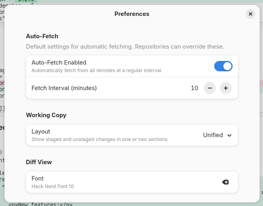 Git GUI preferences dialog showing auto-fetch settings, working copy layout options, and diff view font configuration