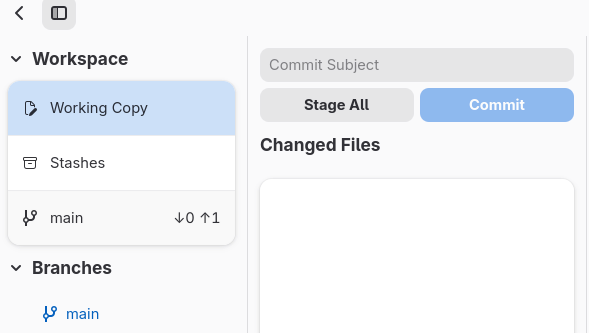 Git GUI sidebar showing workspace status, current branch with ahead and behind indicators, and an empty changed files panel