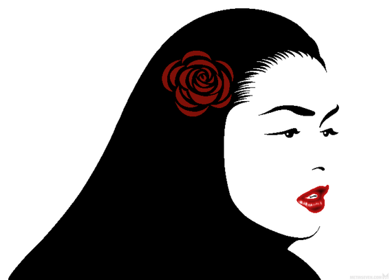 Stylized pixel art portrait of a girl in black, white and red.