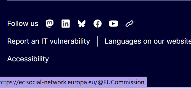 A screenshot from the European commission website footer. 

the text "Follow us" is followed by the following icons: 
- Mastodon 
- LinkedIn 
- BlueSky 
- Facebook 
- YouTube 
- Link to more platforms 

Underneath is says: 
Report an IT vulnerability 
Languages on our website 
Accessibility 