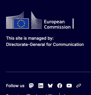 Screenshot from the page footer on EU Commission webpages. It shows Mastodon, LinkedIn, BlueSky, Facebook and Youtube links with their respective logos.