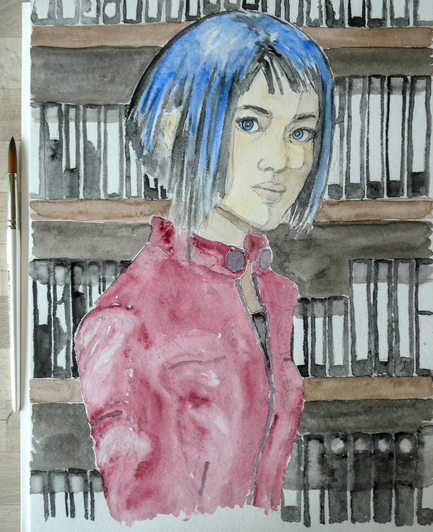 A  pencil drawing, coloured with watercolour paint, of a young woman seen from front right, with blue hair cut to fall around the face but stop above the shoulders and cut up shorter at the back. She has East-Asian features but blue eyes. Her head is tilted slightly down and she is looking at the viewer. She is wearing a biker jacket in a pale plum colour with zippered pockets on the front and the arm. Behind here are shelves with video tapes, their labels blank.
