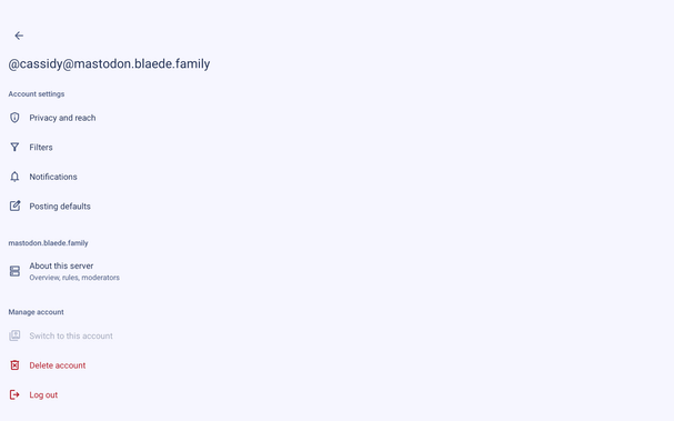 Mastodon account settings on a tablet. It's the phone layout stretched to be super wide.