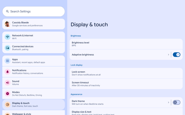 Android settings app, showing the top level settings on the left and the display settings in a column on the right.