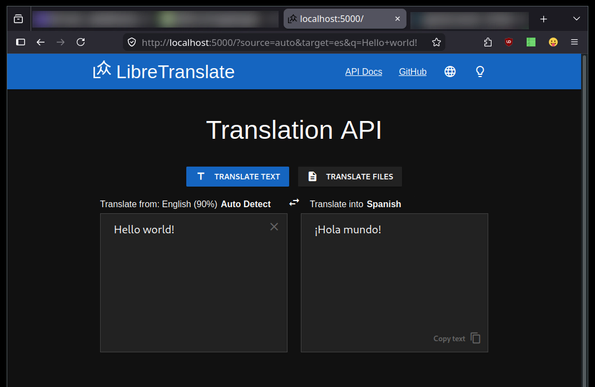 A screenshot of LibreTranslate running on localhost, translating Hello World (English) to Hola Mundo (Spanish)