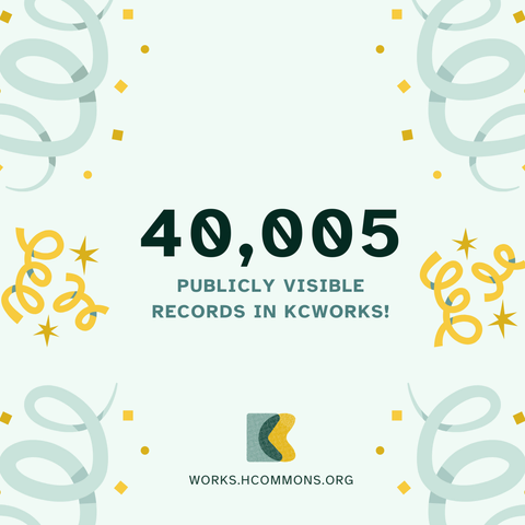 Decorative graphic featuring text that reads "40,005 publicly visible records in KCWorks!" with a Knowledge Commons logo and a URL for works.hcommons.org