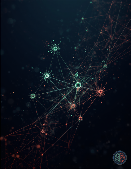Abstract network topology visualization on a deep navy background. A dense cluster of glowing nodes in teal and coral are connected by luminous edges, with a bright central node suggesting a focal governance point. The image conveys distributed structure — many nodes, no single center. Federated Mind brain logo watermark in the bottom right corner.
