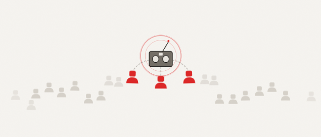 A depiction of a crowd of people, three are highlighted in red and are louder than the others.