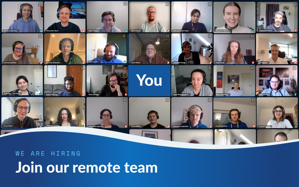 Screen showing a remote meeting at OpenProject with a blue rectangle in the middle displaying "you", indicating that we are looking for you as a part of our team