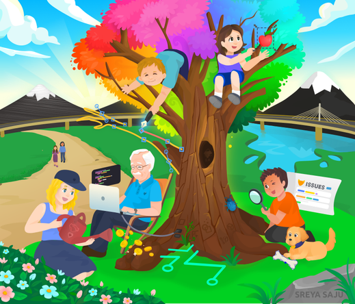 A comic-style image depicting various volunteers building Inkscape together. CC-By-SA Sreya Saju