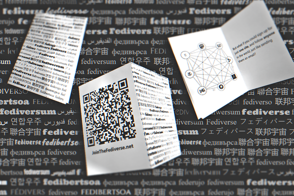 A collage of three photos of the printed mini-zine, cut out and arranged on a dark background image with translations of the word 'fediverse' written in white in different languages, repeating across multiple lines.