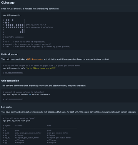 Screenshot of the CLI section of the thi.ng/units readme, giving a brief overview of the three available commands and their basic usage.