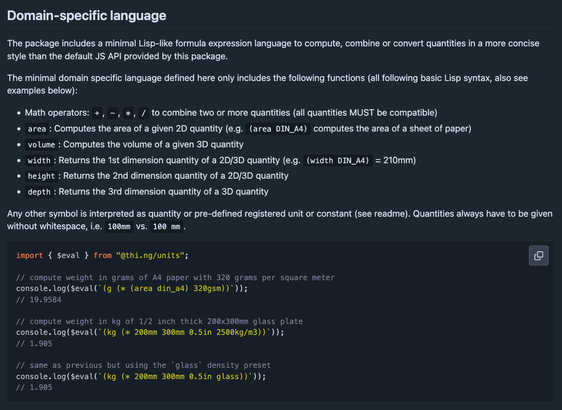 Screenshot of the Domain-specific language section of the thi.ng/units readme.