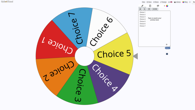 The website of "Spin the Wheel." It has a truly giant wheel on screen with different colored slices for "Choice 1" through "Choice 7." On the right you type in what the choices should be and how many. You can mouse drag the wheel to spin it.