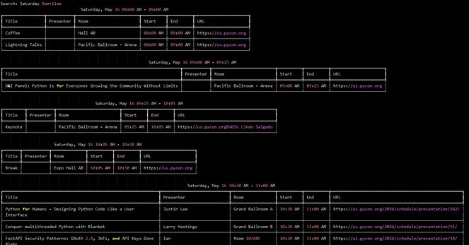 Terminal output showing an excerpt of the PyConUS 2026 schedule.