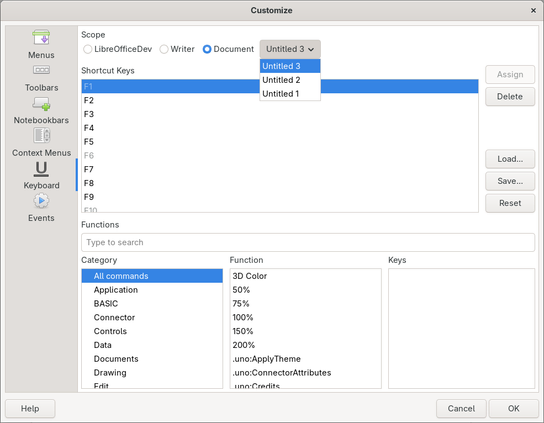 Screenshot of Customize dialog box, showing the ability to select individual documents