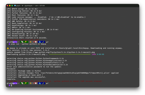 a screenshot of `pipx run --python python3.14 mopup` upgrading Python to 3.14.5 on macOS