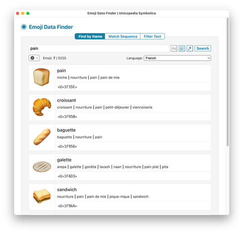 Screenshot of the "Find by Name" feature of the "Emoji Data Finder" utility of the "Unicopedia Symbolica" application, with "Language" set to "French".