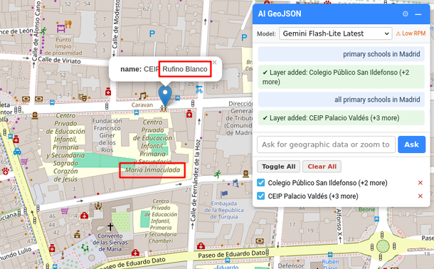 A map interface, with a LLM-provided pin on the map which is mislabeling a school.