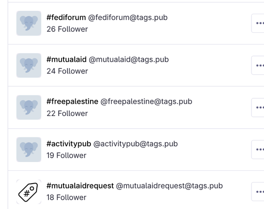 Screenshot einer Liste von fünf Fediverse-Profilen zu Hashtags wie #fediforum und #activitypub unter der Domain tags.pub. Angezeigt werden jeweils ein Icon, das vollständige Handle sowie die Anzahl der Follower (zwischen 18 und 26).