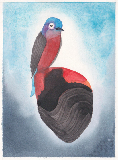 Dessin d'oiseau imaginaire perché sur rocher flottant.