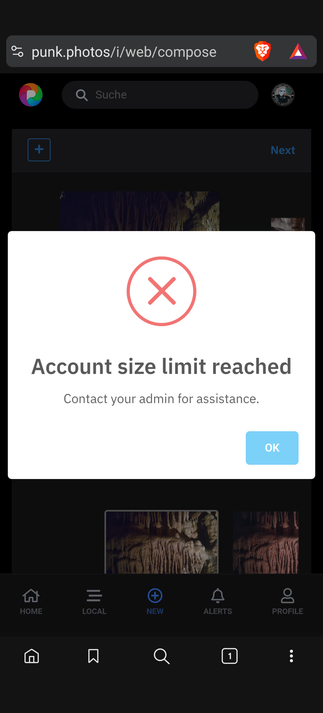 error saying account size limit reached, contact your admin.