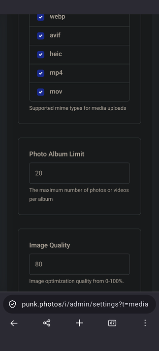 screenshot showing photo album limit of 20