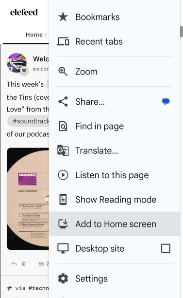 Screenshot of Chrome adding Elefeed as a PWA