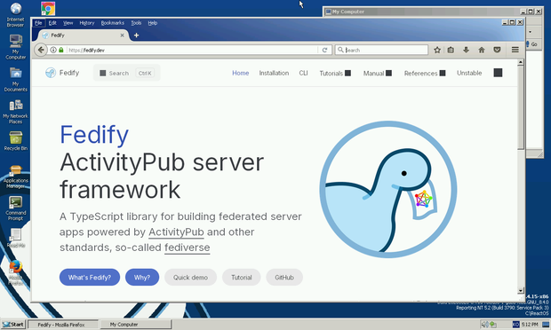 A screenshot of the fedify.dev website running on Firefox in ReactOS