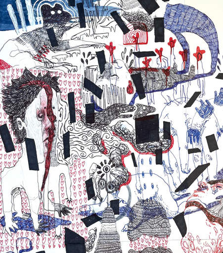 Drawing on paper depicting anthropomorphic figures and animals immersed in a cloud of electronic devices such as smartphones and tablets.