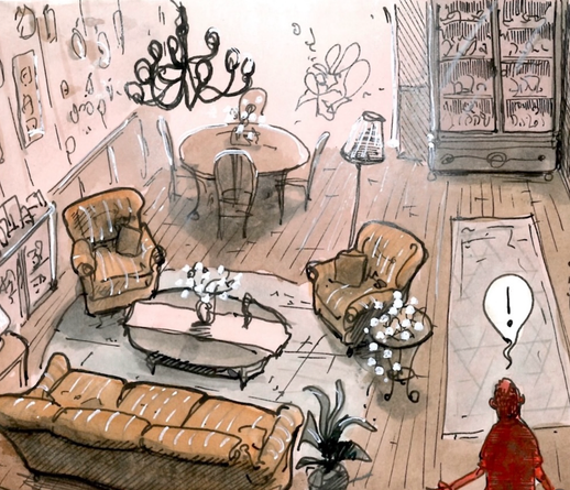 Drawing of a Mediterranean living room. Antique furniture, long carpets on the floor, a dazzling light that comes from the outside.