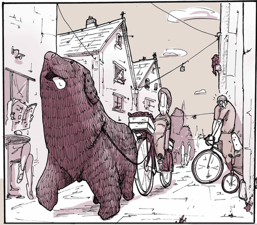 Drawing of a big dog followed by an old lady on a bike. The urban context is that of a historic centre in northern Germany. It could be Bremen.