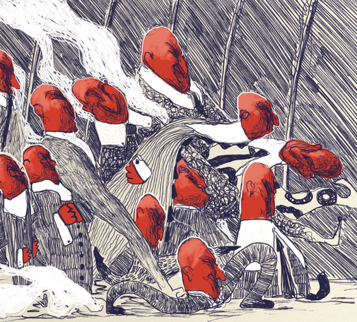 Drawing of a series of anthropomorphic figures ranging from left to right. They all have a big red head and no hair.