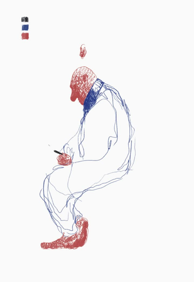 Stilisierte Animation eines sitzenden Mannes, der sein Handy aus der Tasche holt, es anschaut, sich stresst und es wieder in seine Hosentasche steckt.