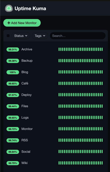 An Uptime Kuma monitoring dashboard on a dark background listing eleven services with their uptime percentages and green bar history indicators: Archive (99.31%), Backup (99.38%), Blog (100%), Café (99.65%), Deploy (97.57%), Files (99.44%), Logs (99.65%), Monitor (99.72%), RSS (99.74%), Social (99.84%), and Wiki (99.79%). All bars are fully green, indicating no recent downtime.