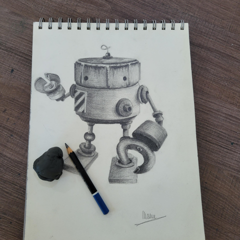A cute little robot made from nuts and bolts. Pencil drawing in my sketchbook. 