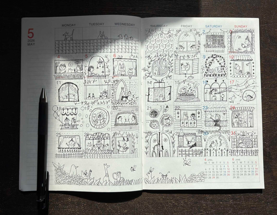 A May 2026 planner with a different window drawn in each square. Each window shows people and animals engaged in various activities.