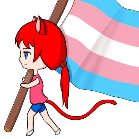 Chibi Kylie carrying a comically oversized trans flag.