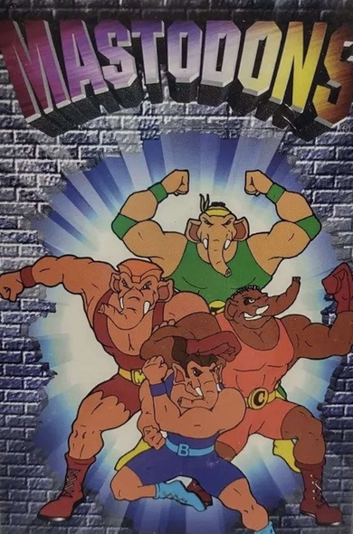 Cover of the 1997 animated movie short Mastodons: The First Encounter featuring four anthropomorphic mastodons wearing colorful 80s-style leotards striking action poses.