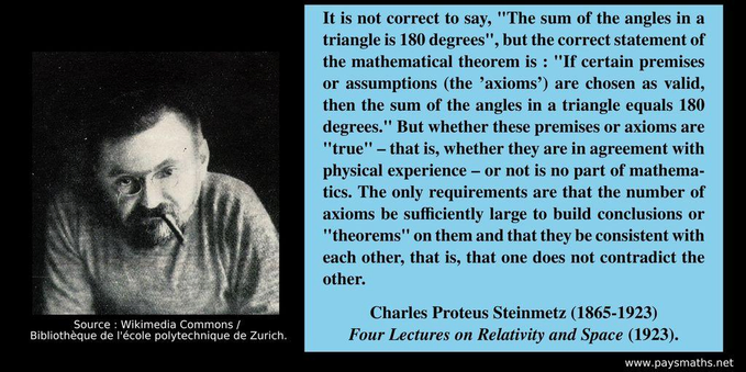 Photographic portrait of  Charles Proteus Steinmetz, and a quote : "It is not correct to say, "The sum of the angles in a triangle is 180 degrees", but the correct statement of the mathematical theorem is : "If certain premises or assumptions (the 'axioms') are chosen as valid, then the sum of the angles in a triangle equals 180 degrees." But whether these premises or axioms are "true" – that is, whether they are in agreement with physical experience – or not is no part of mathematics. The only requirements are that the number of axioms be sufficiently large to build conclusions or "theorems" on them and that they be consistent with each other, that is, that one does not contradict the other." 