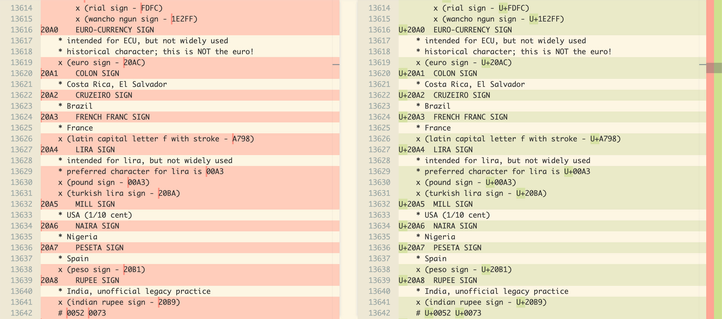 VS Code screenshot of side-by-side diff of NamesList.txt and restored-names-list.txt
