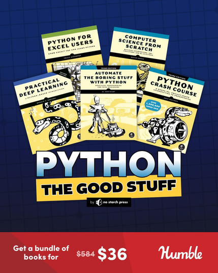 5 book covers with "Python: the good stuff" and the No Starch Press logo on a blue background. At the bottom there is a red banner that says "Get  a bundle of books for $36" and the Humble logo. 