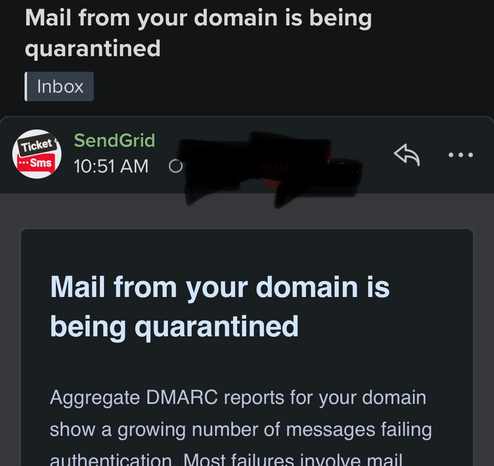 A screenshot of an email from “TicketSmS” but pretending to be Sendgrid. 